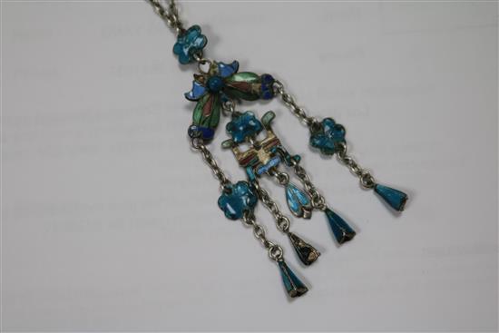 A suite of Chinese silver and enamel jewellery, comprising a necklace and matching earrings, early 20th century